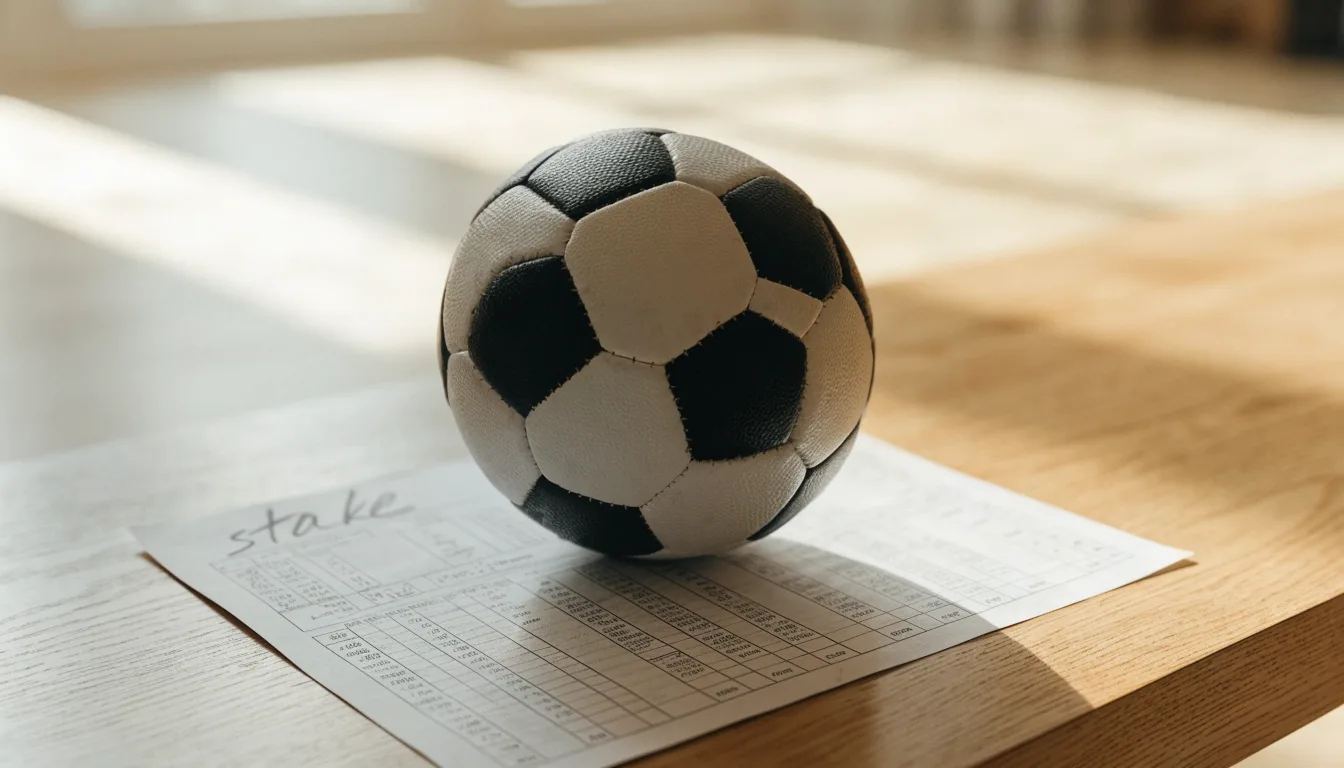 Uma bola de futebol pousada sobre um talão de apostas em branco numa mesa de madeira, à luz do dia